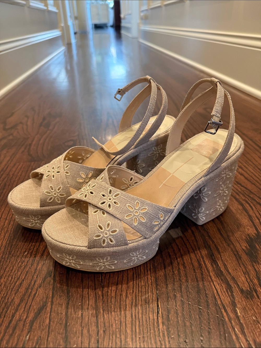 Dolce Vita Beige Embroidered Platform Sandals